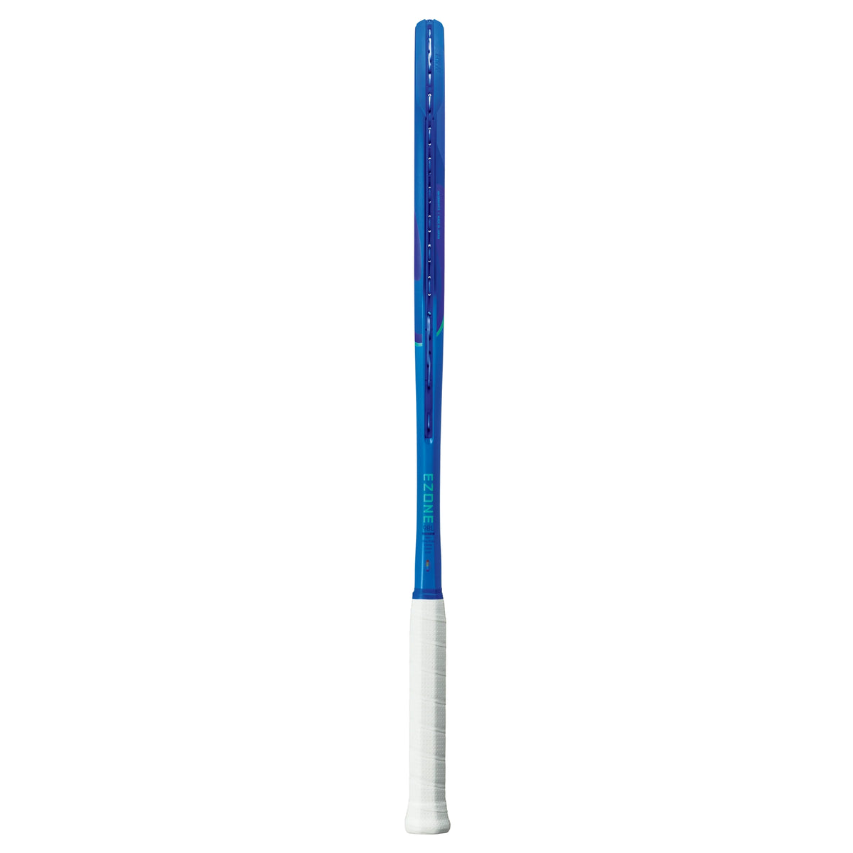 Blue Yonex tennis racket with a white handle on a white background