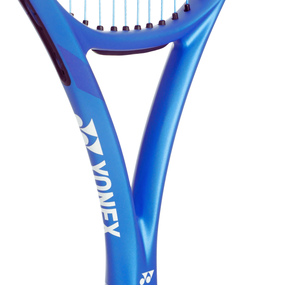 Blue tennis racket with Yonex branding on a white background