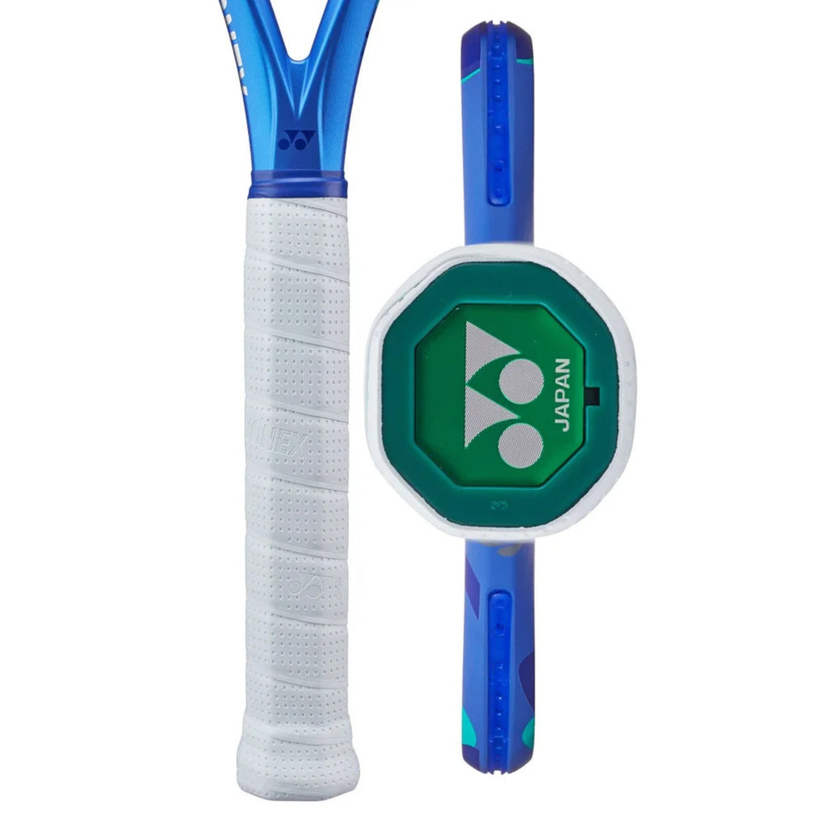 Tennis racket with blue and green design on a white background