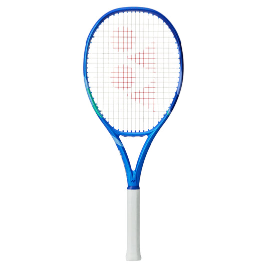Blue and white Yonex tennis racket on a white background