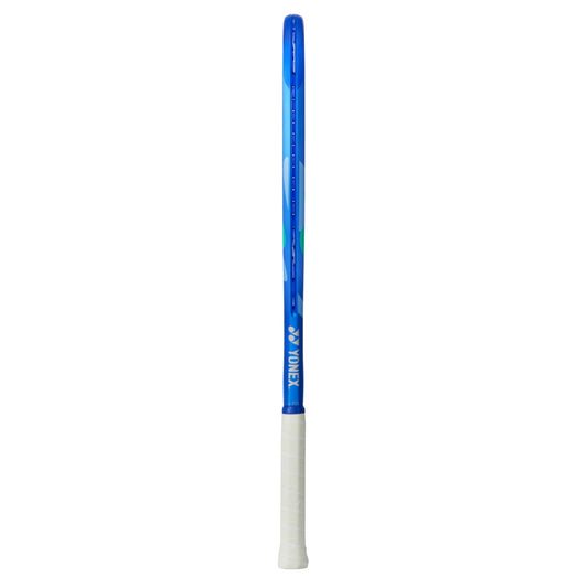 Blue and white tennis racket with Yonex branding on a white background