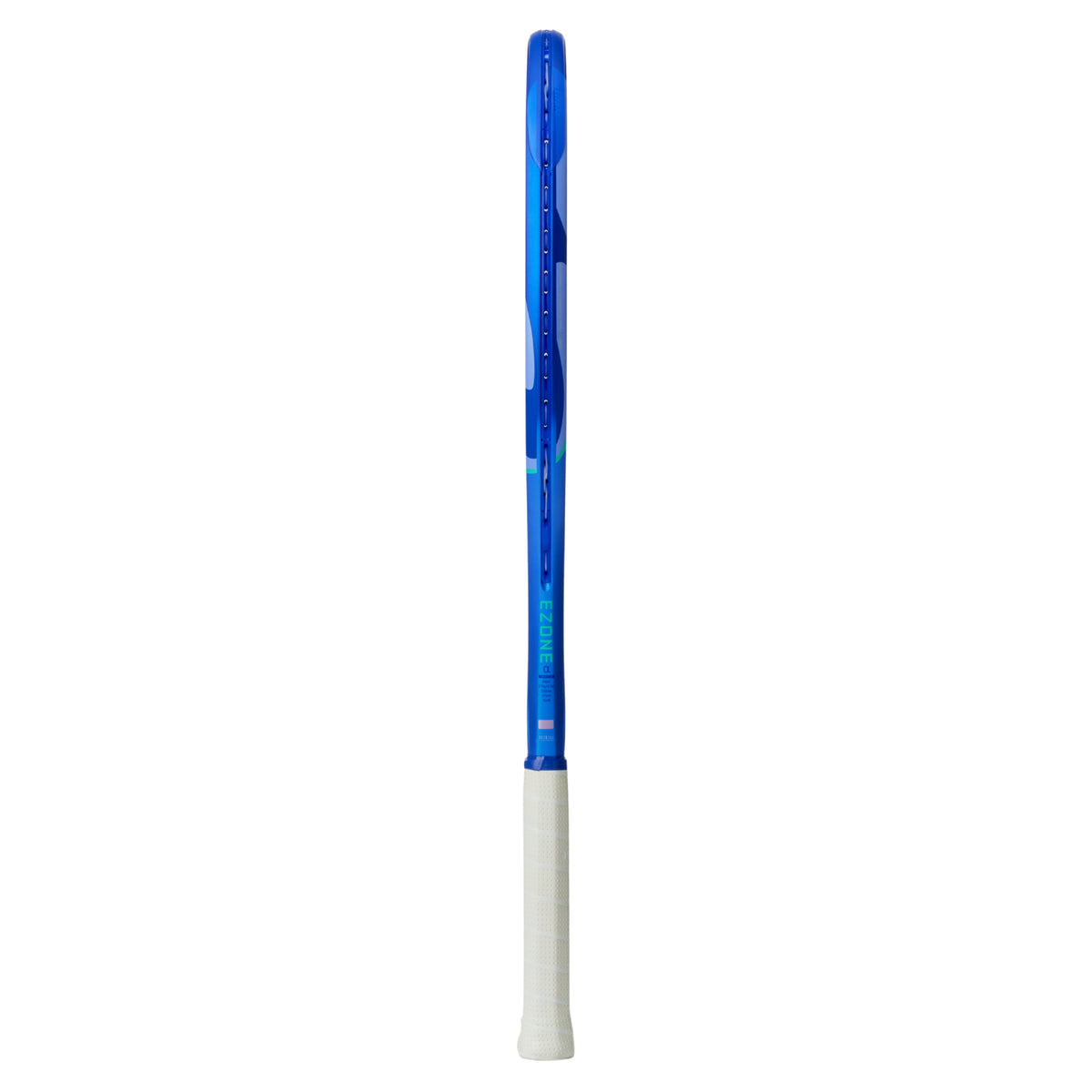 Blue and white Yonex tennis racket on a white background