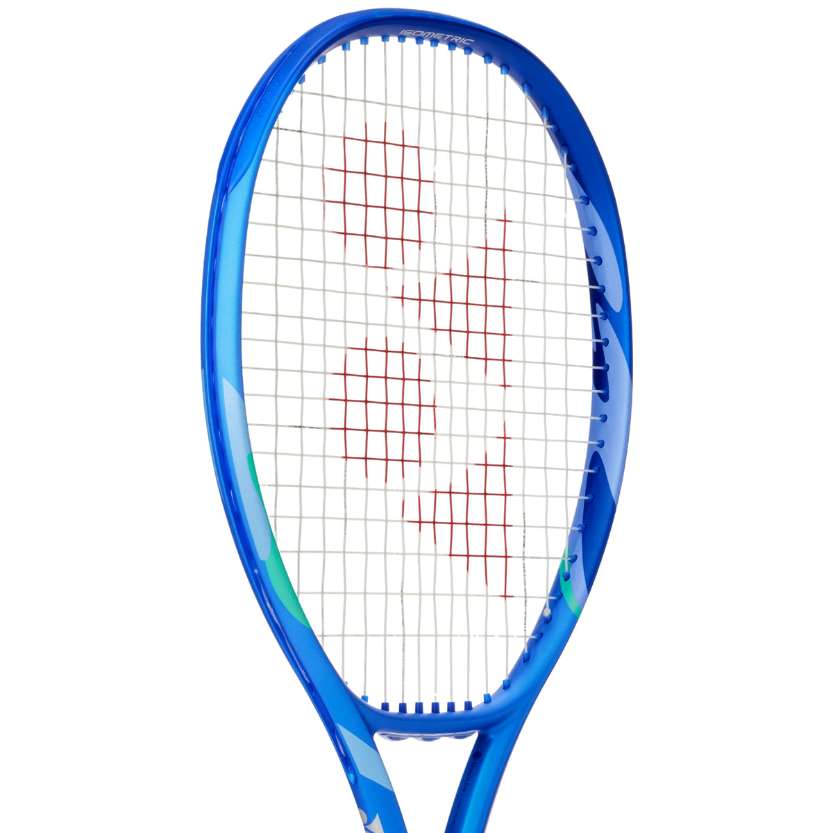 Blue tennis racket with a white strings background on a white background