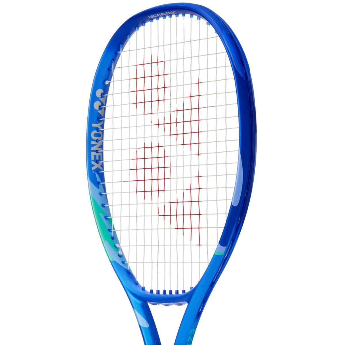 Blue Yonex tennis racket with a white strings background on a white background
