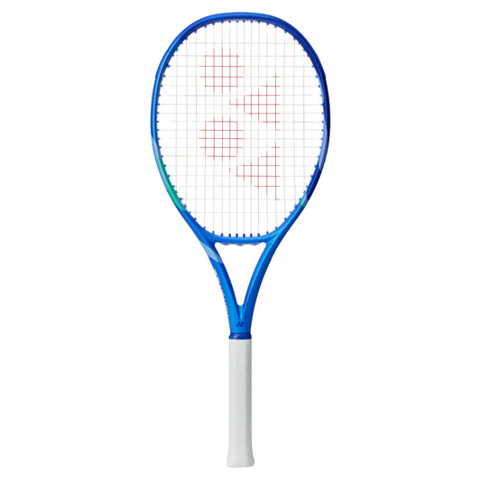 Blue and white Yonex tennis racket on a white background