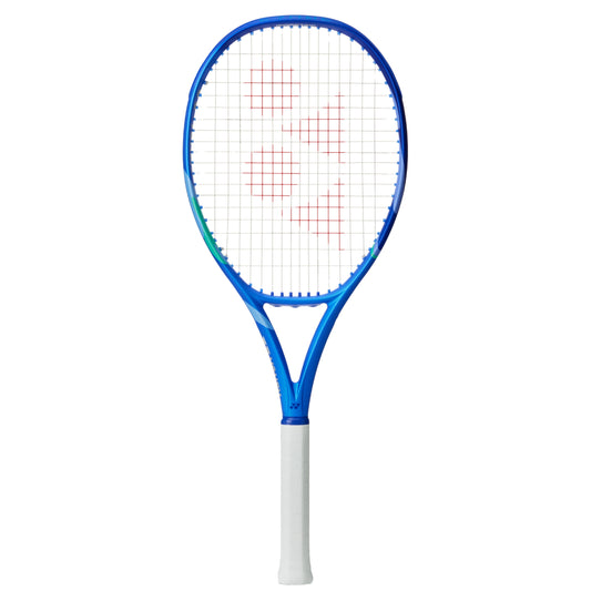 Blue and white Yonex tennis racket on a white background