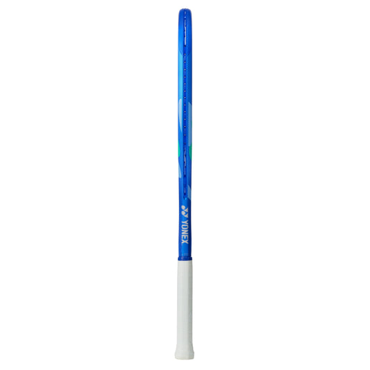 Blue and white Yonex tennis racket on a white background