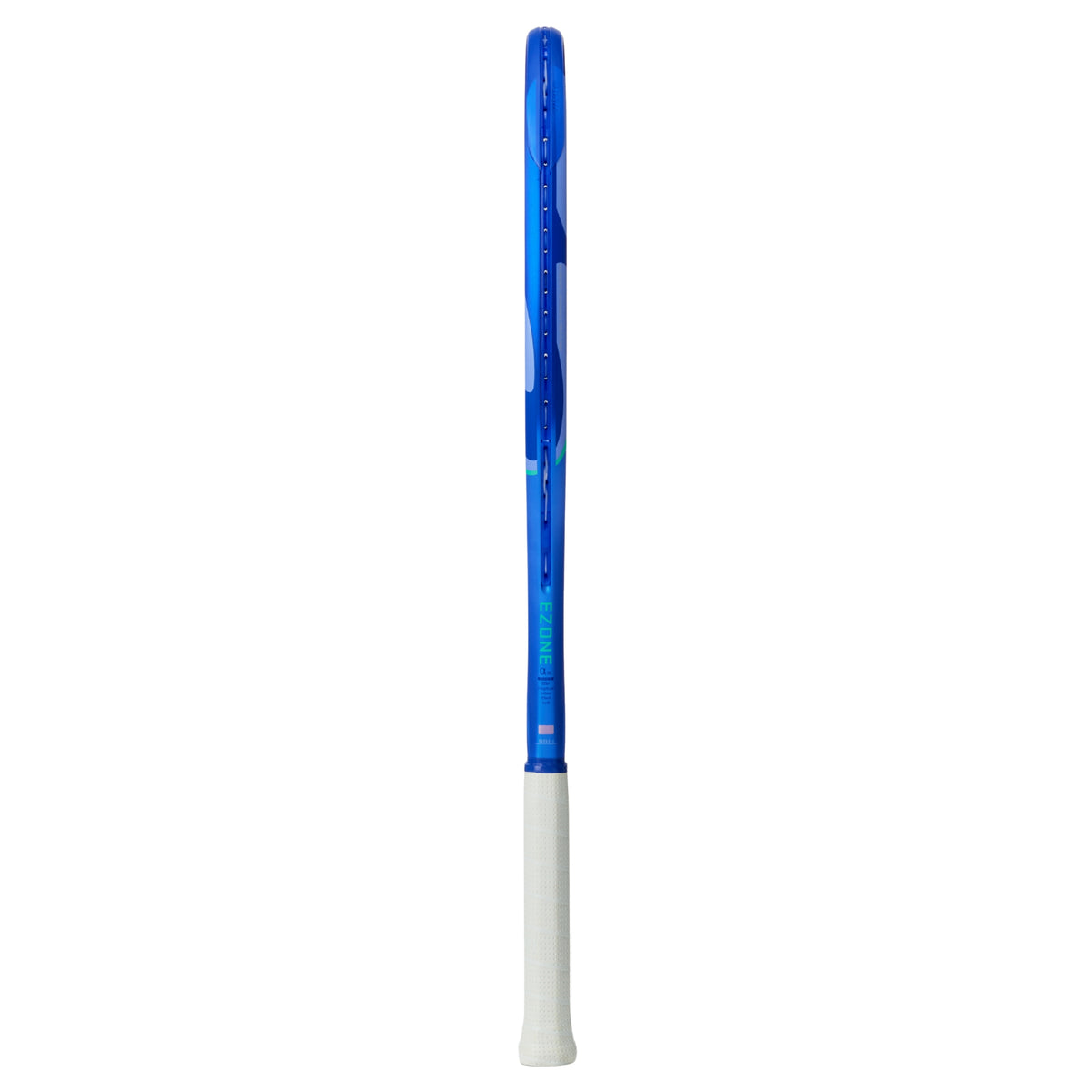 Blue and white Yonex tennis racket on a white background