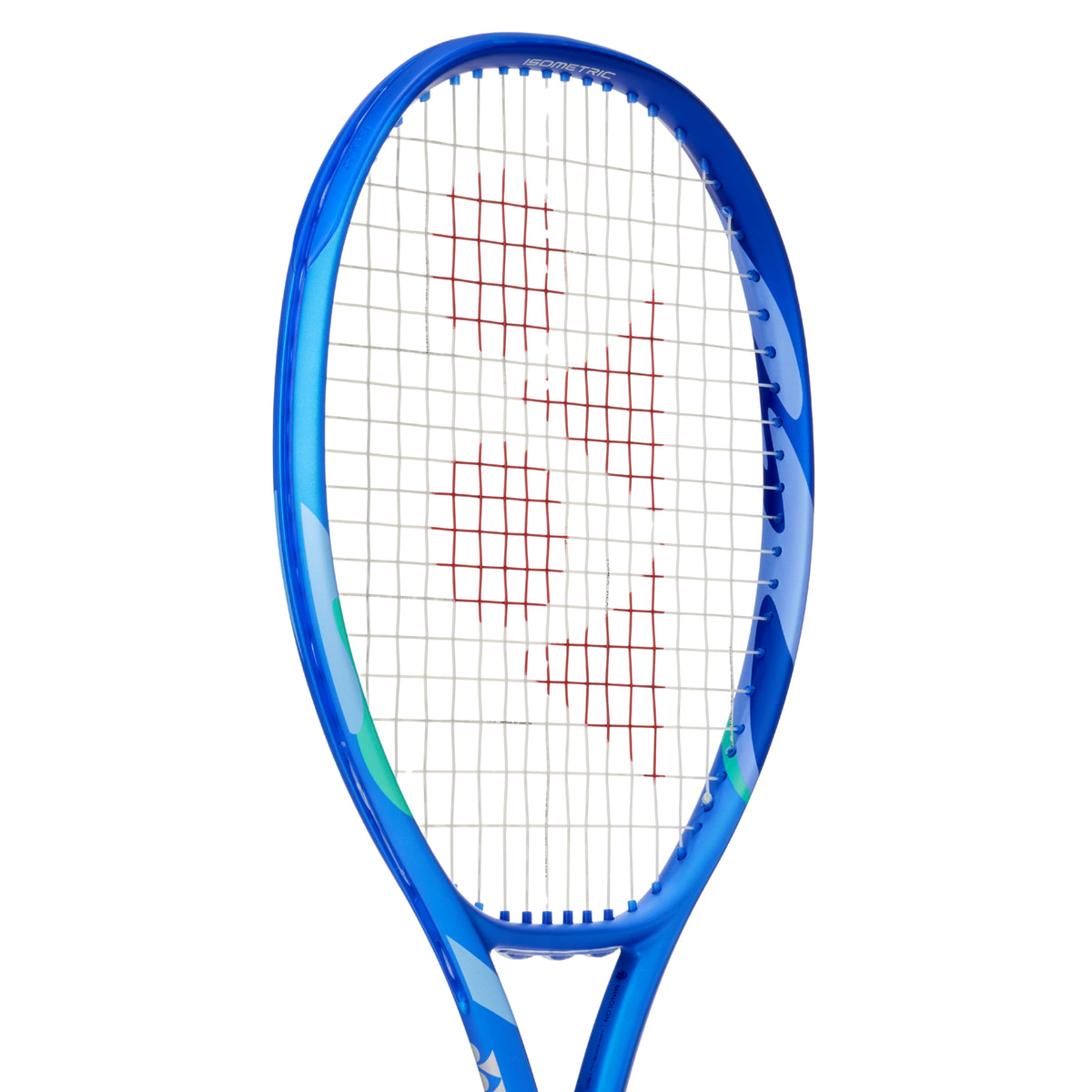 Blue and white Yonex tennis racket on a white background