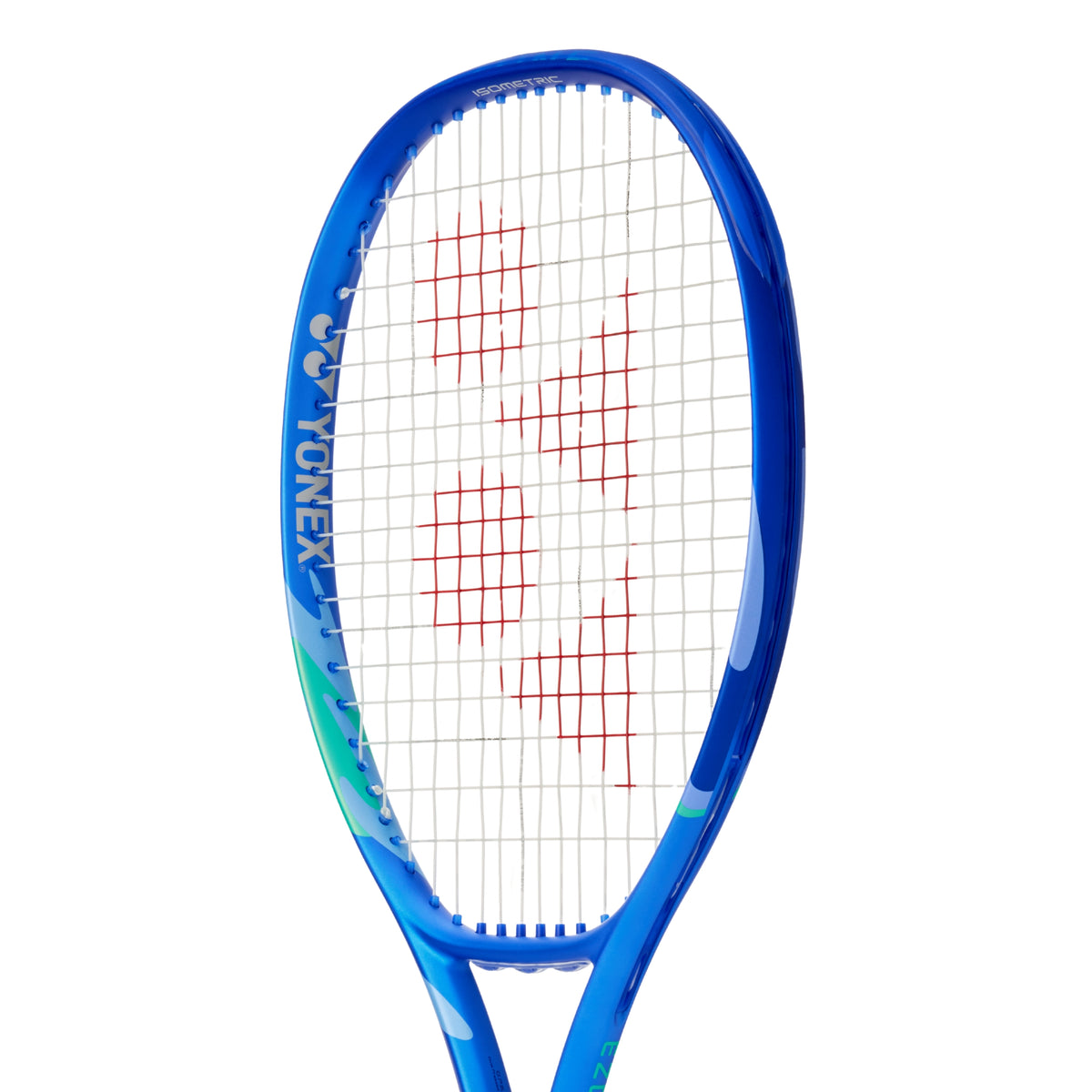 Blue tennis racket with Yonex branding on a white background