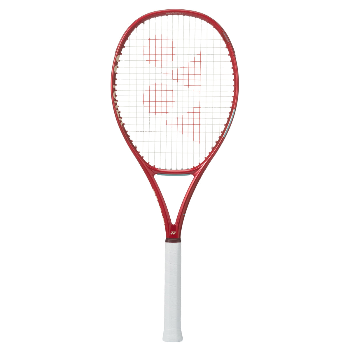 Red Yonex tennis racket with white strings on a white background