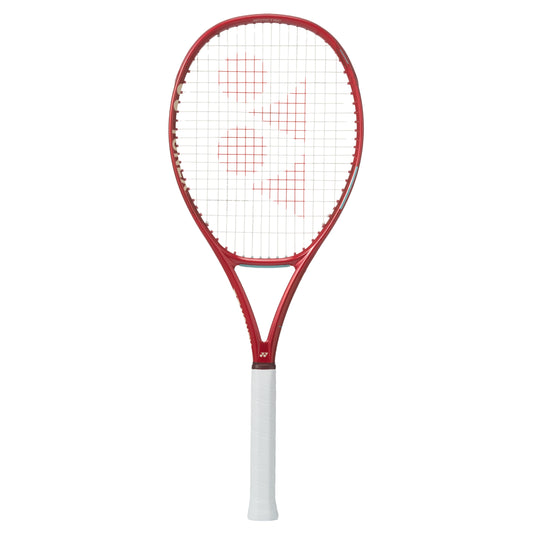 Red Yonex tennis racket with white strings on a white background