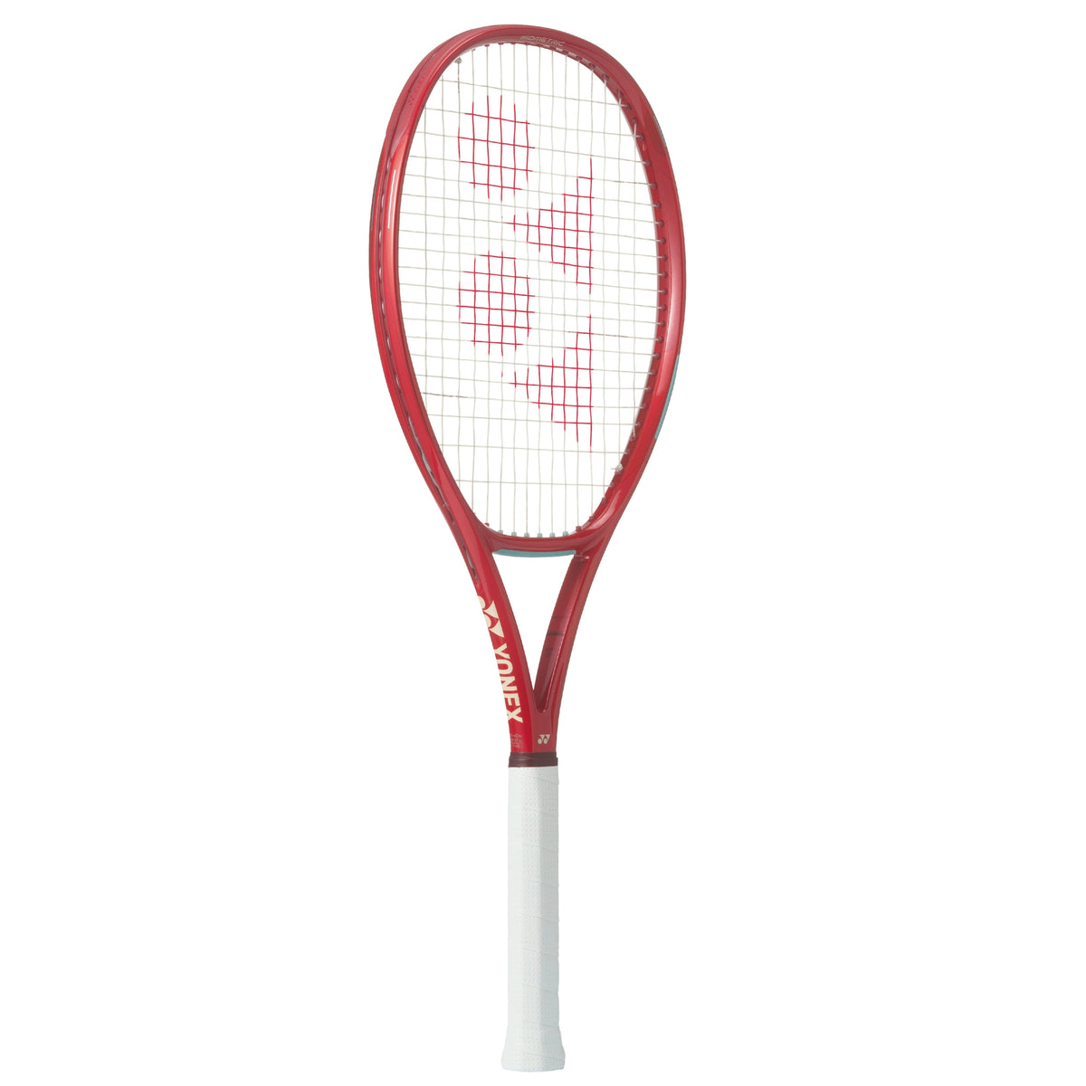 Red Yonex tennis racket with white strings on a white background