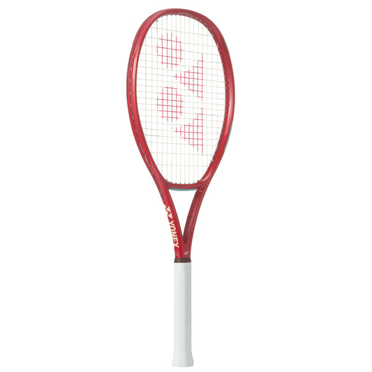 Red Yonex tennis racket with white strings on a white background