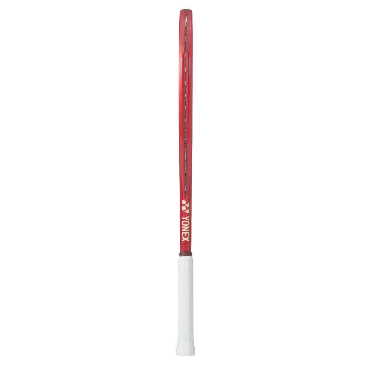 Red Yonex tennis racket with white strings on a white background