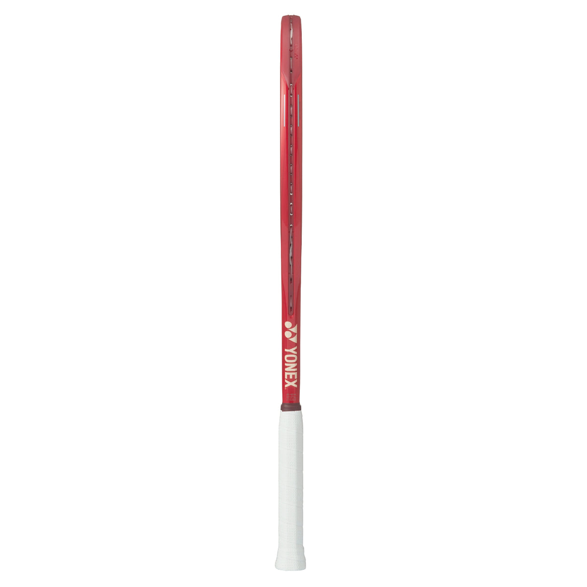 Red and white tennis racket with Yonex branding on a white background