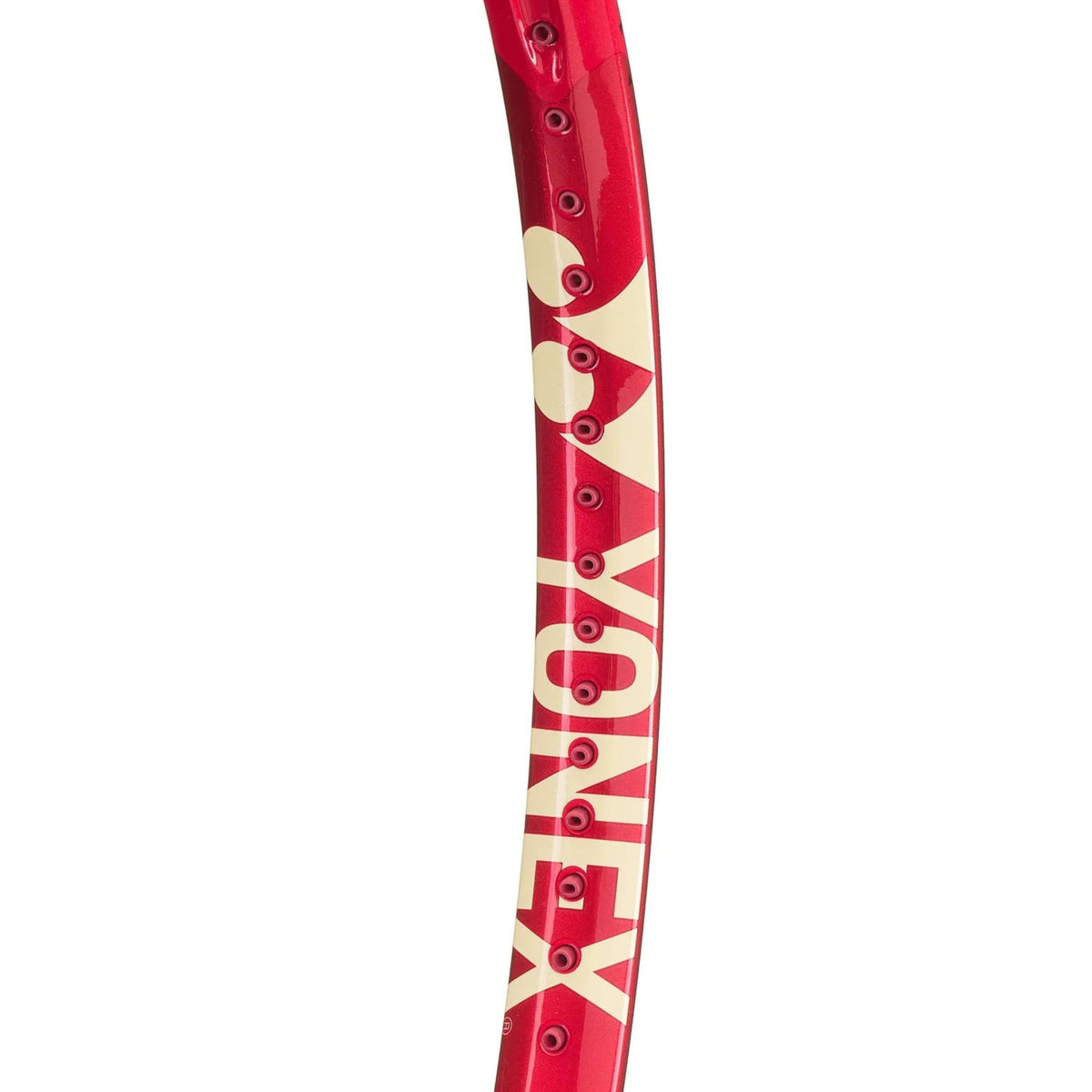 Red tennis racket frame with Yonex branding on a white background