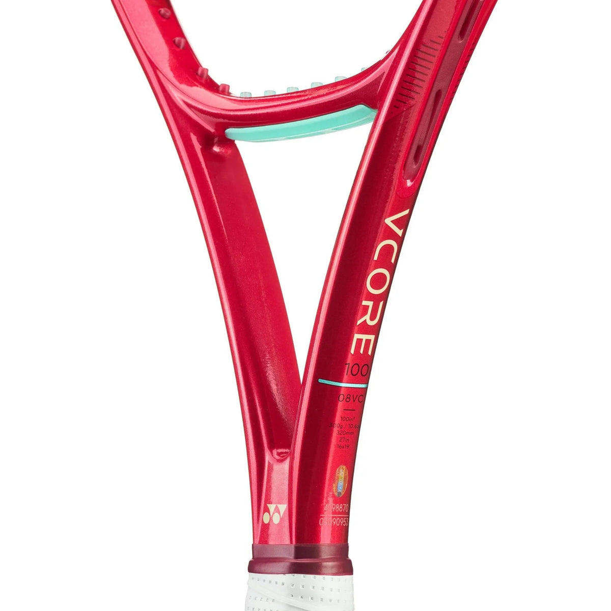 Red tennis racket with 'Vcore' branding on a white background