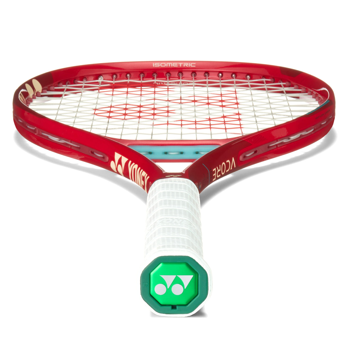 Red Yonex tennis racket with white strings and green handle on a white background