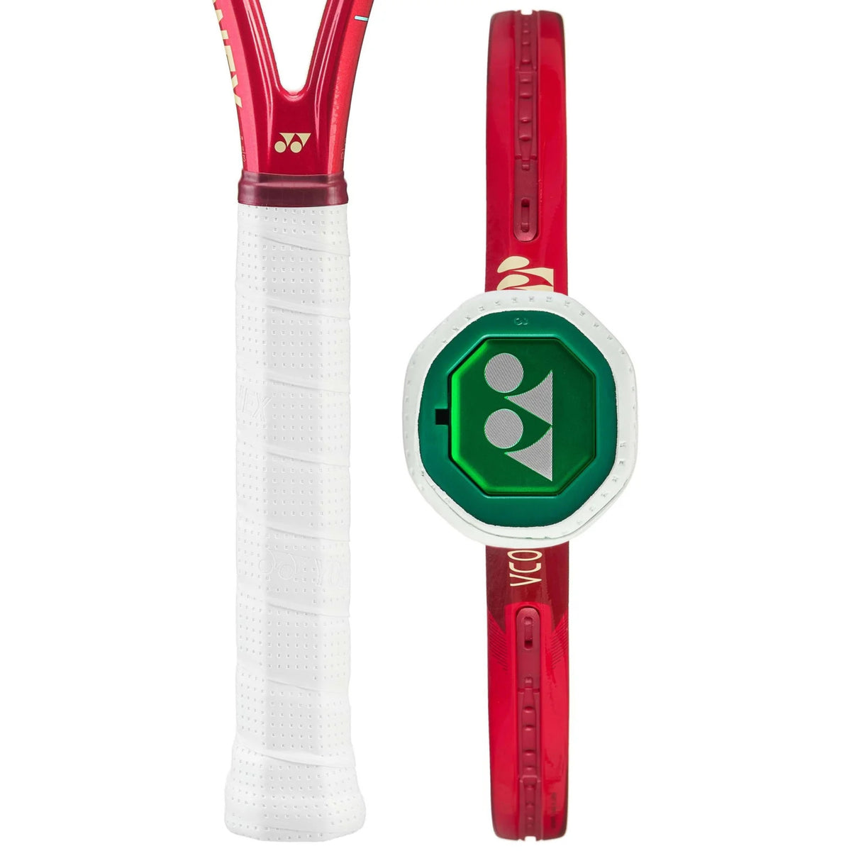 Red and white tennis racket with a green and white logo on a white background
