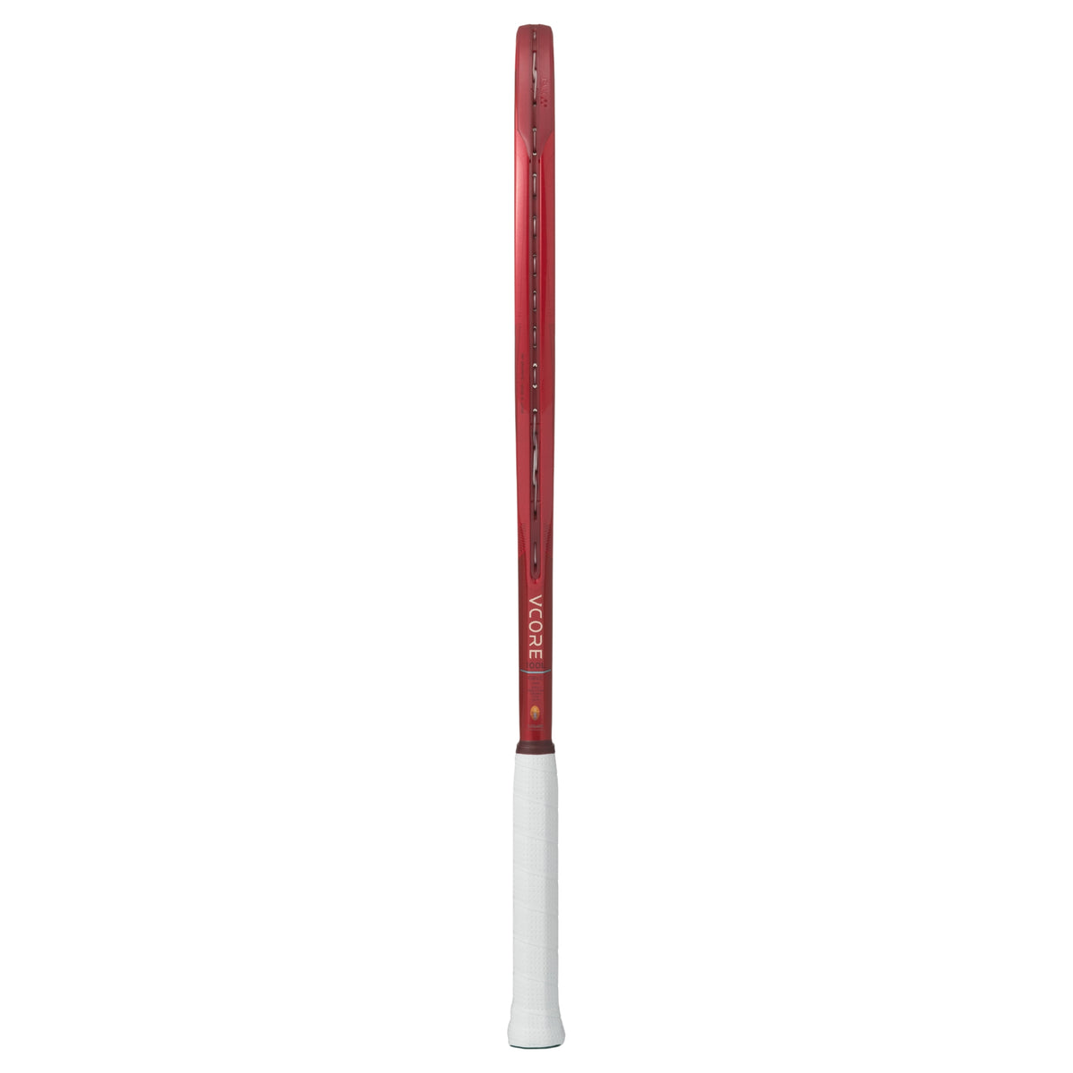 Red and white tennis racket on a white background