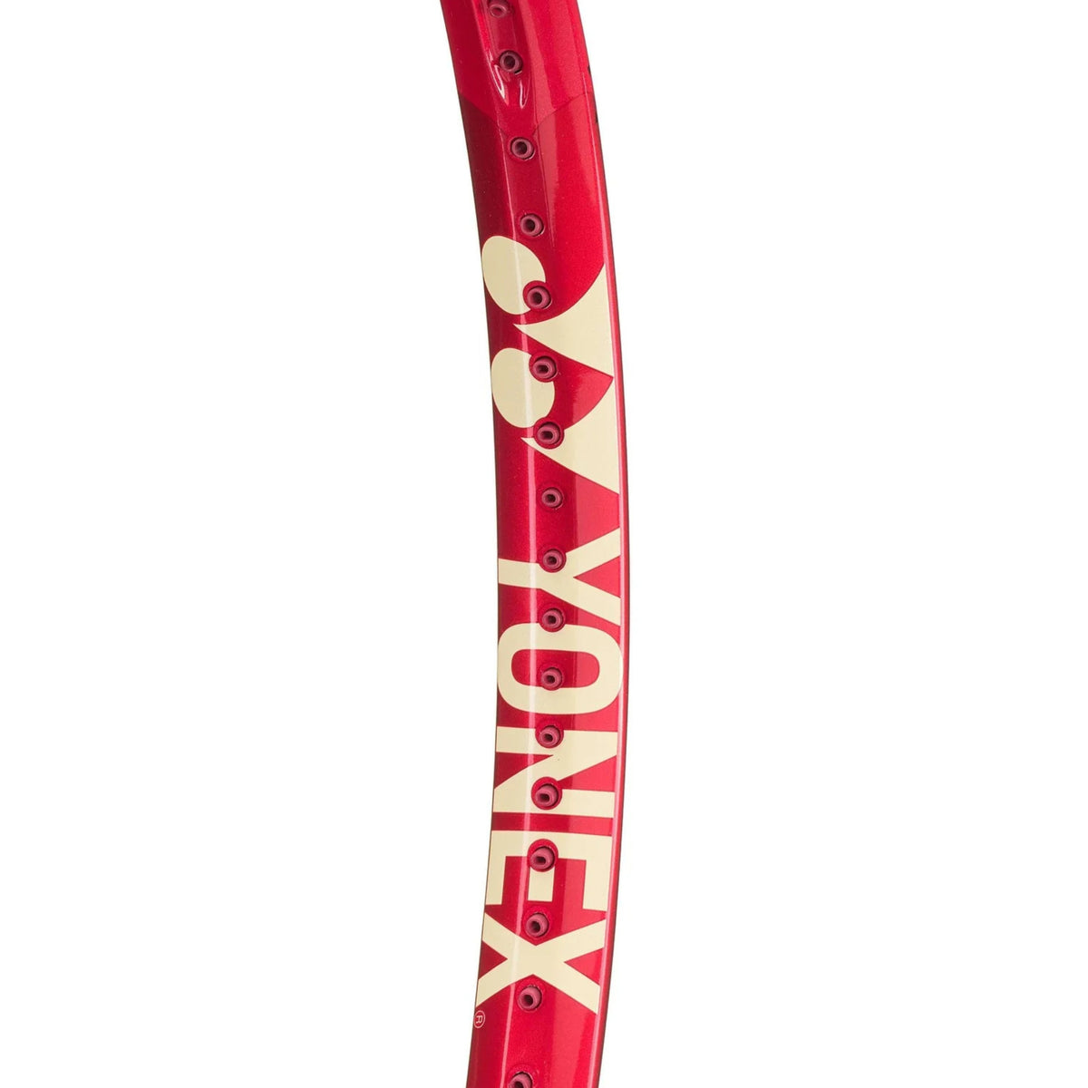 Red tennis racket shaft with Yonex logo on a white background