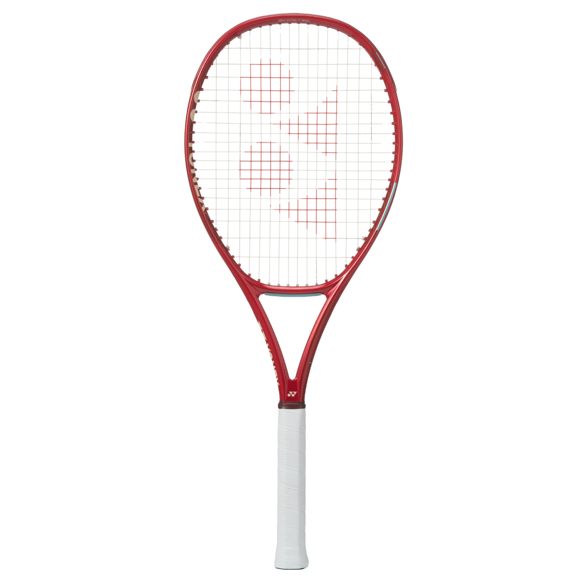 Red and white Yonex tennis racket on a white background