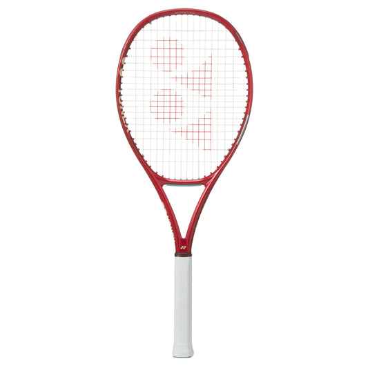 Red and white Yonex tennis racket on a white background