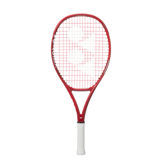 Red Yonex tennis racket with white handle on a white background
