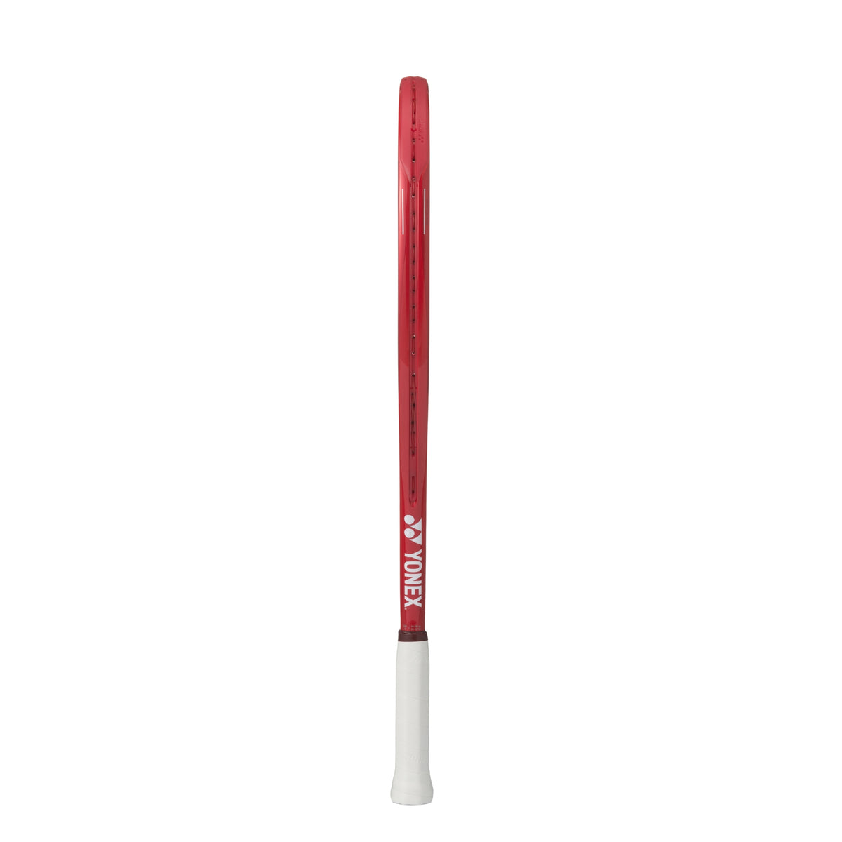 Red and white tennis racket shaft with Yonex logo on a white background