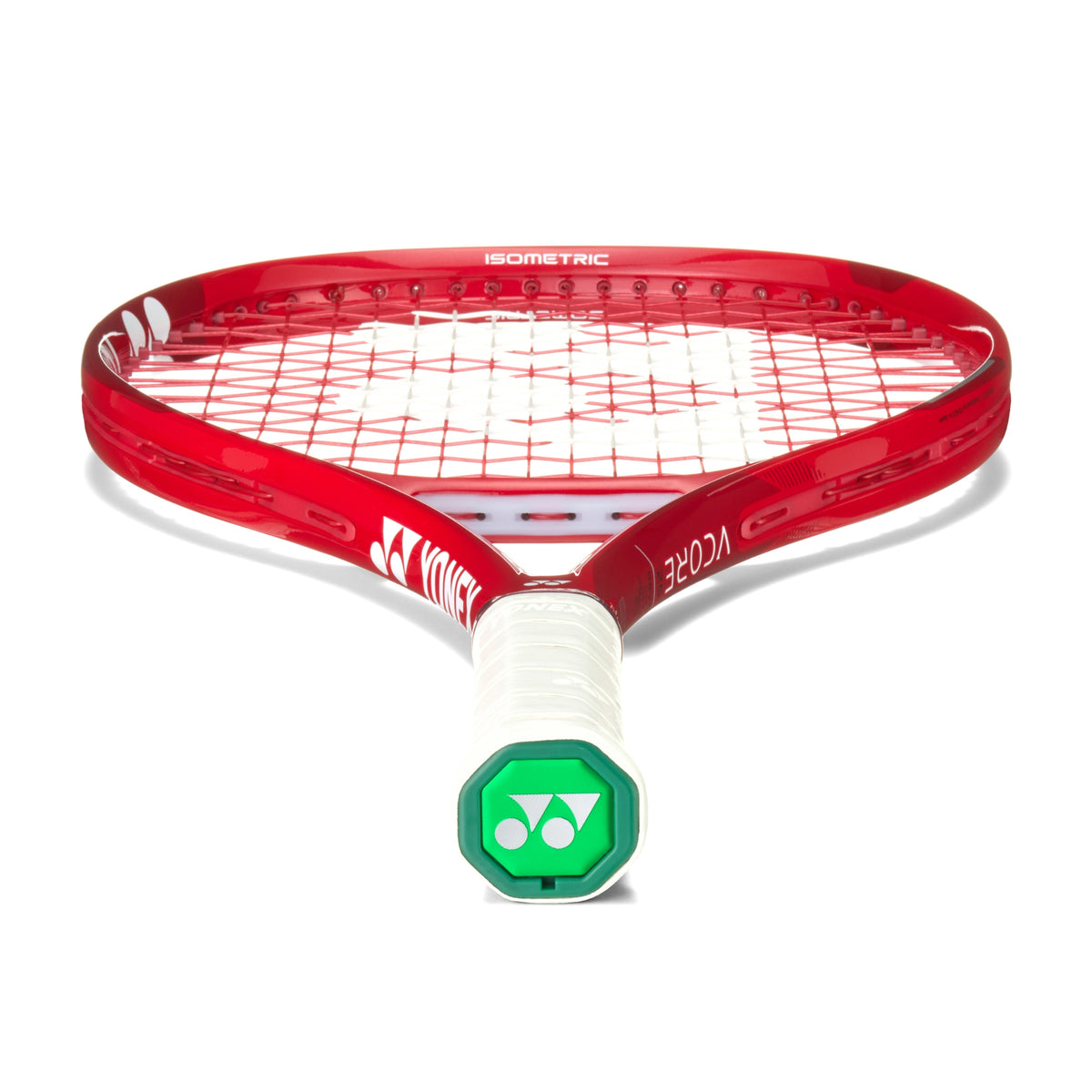 Red tennis racket with Yonex branding on a white background