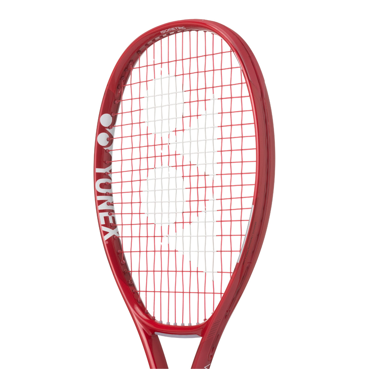 Red tennis racket with Yonex branding on a white background