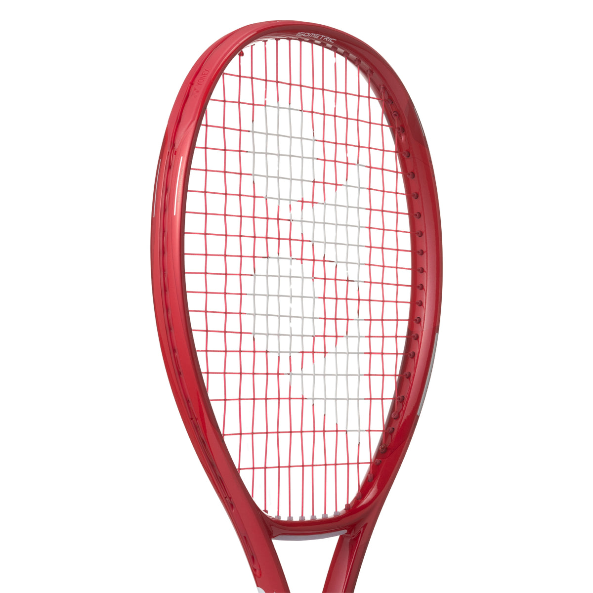 Red tennis racket with Yonex branding on a white background