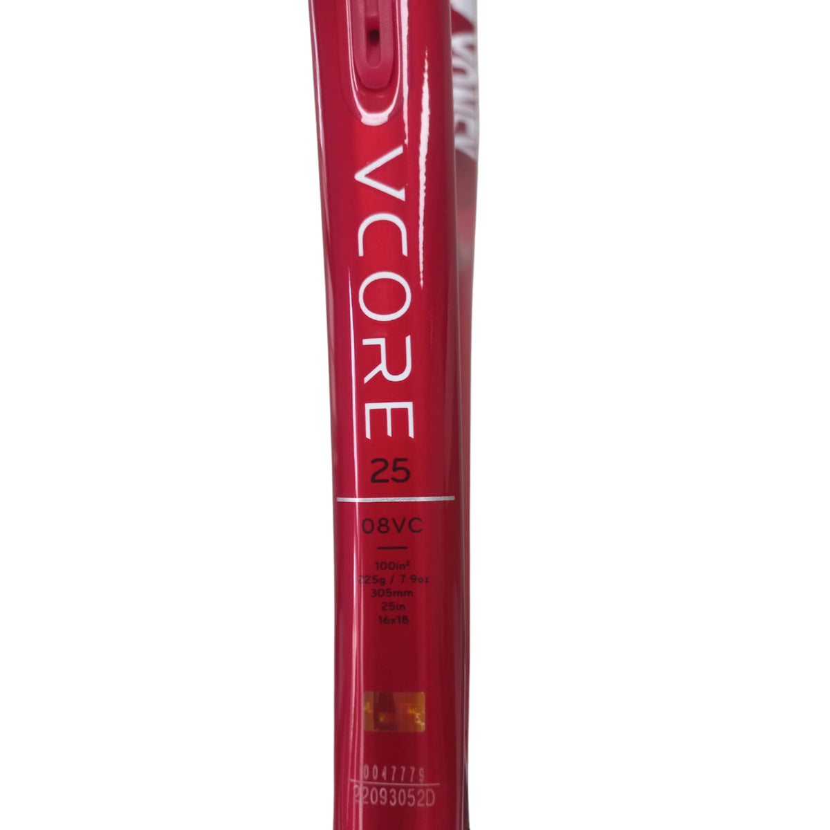 Red tennis racket with 'Vcore 25' branding on a white background