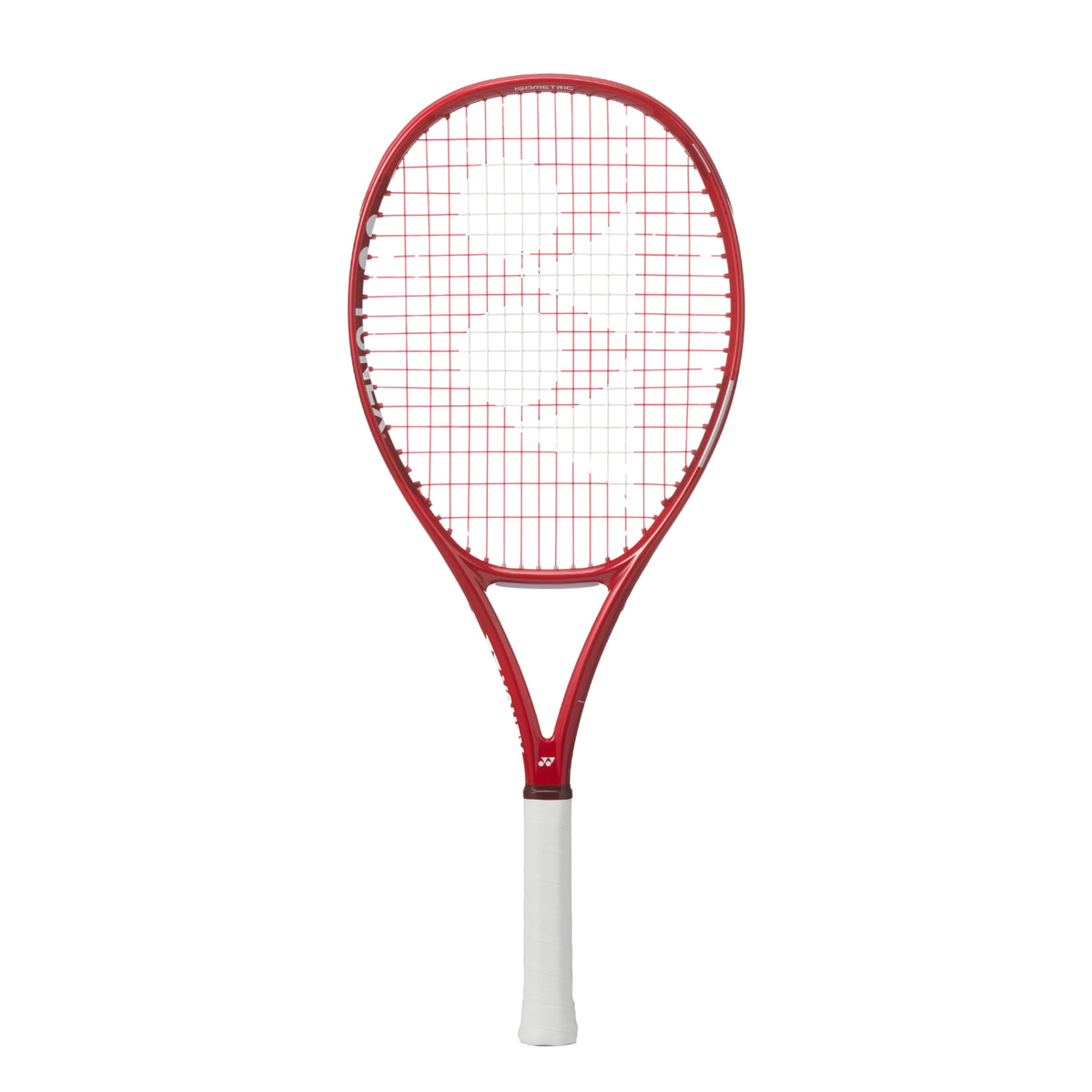 Red Yonex tennis racket on a white background