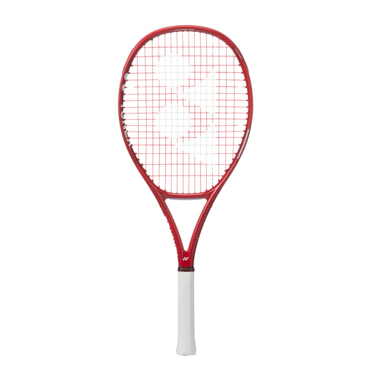Red Yonex tennis racket on a white background
