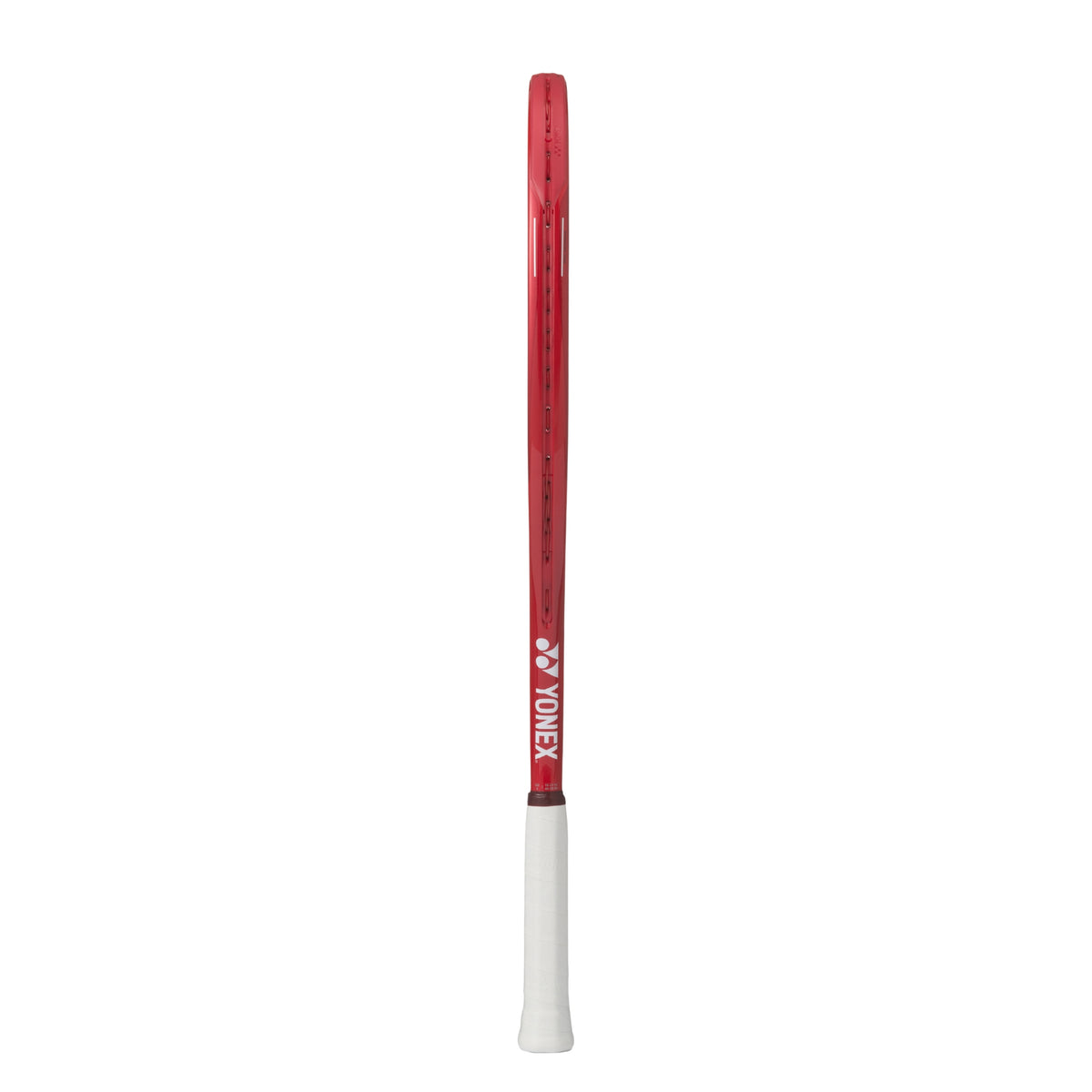 Red and white tennis racket with Yonex branding on a white background