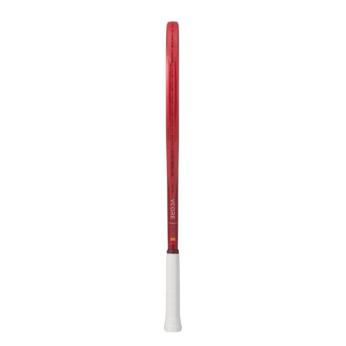 Red and white Yonex tennis racket on a white background