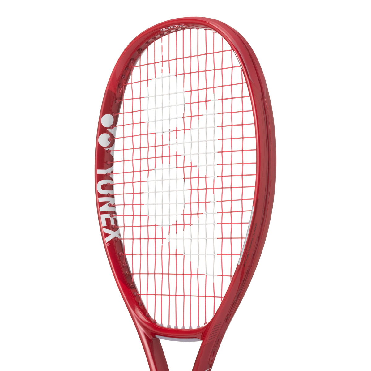 Red tennis racket with visible Yonex branding on a white background