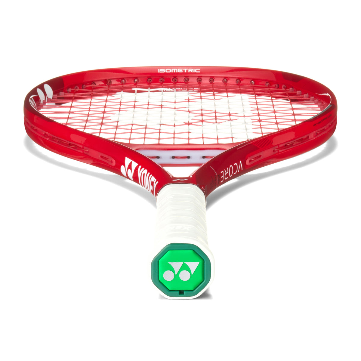 Red tennis racket with white strings on a white background