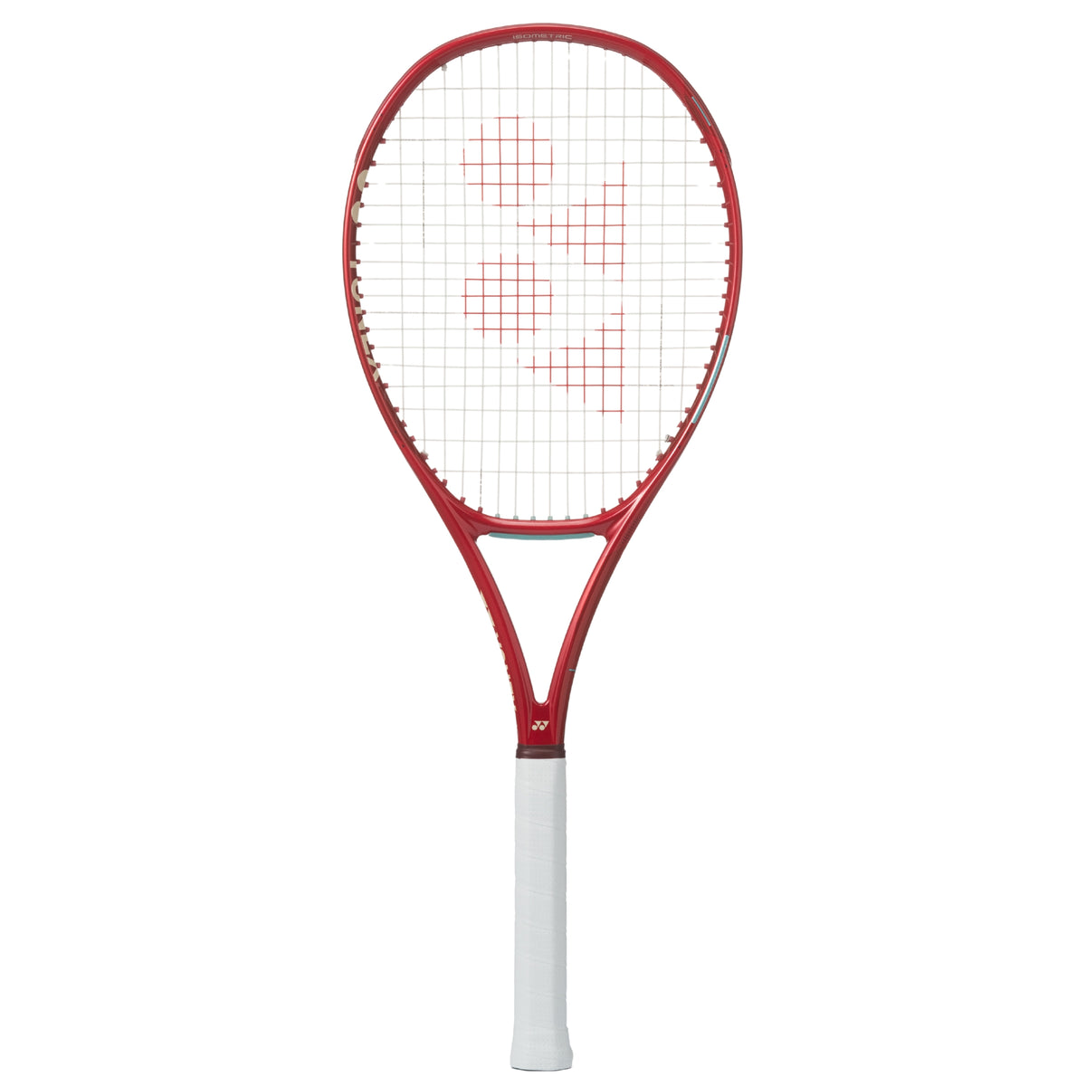 Red and white Yonex tennis racket on a white background