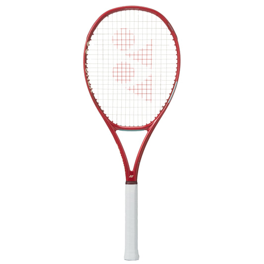 Red and white Yonex tennis racket on a white background
