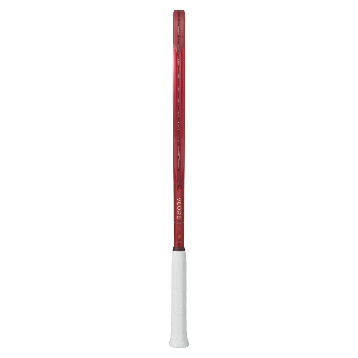 Red and white tennis racket on a white background