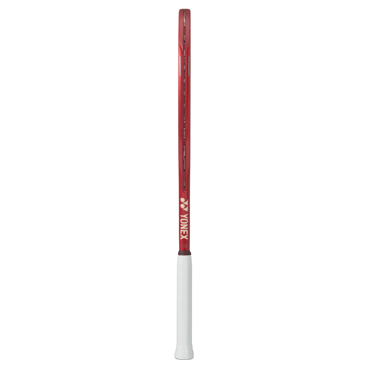 Red and white tennis racket with Yonex branding on a white background