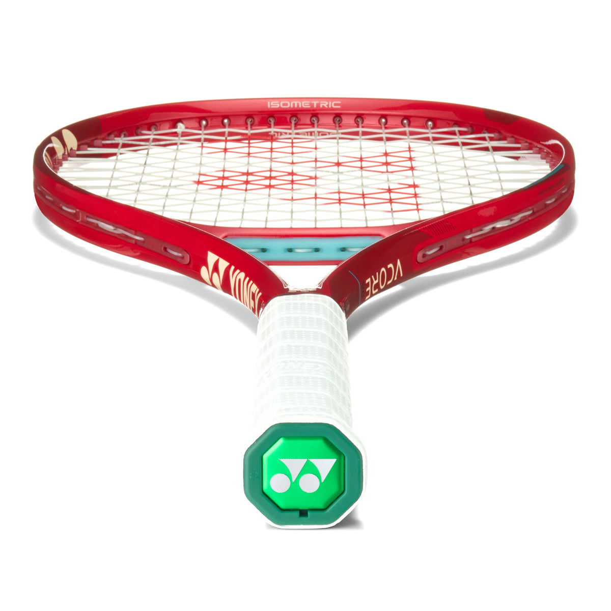 Red Yonex tennis racket with white strings on a white background
