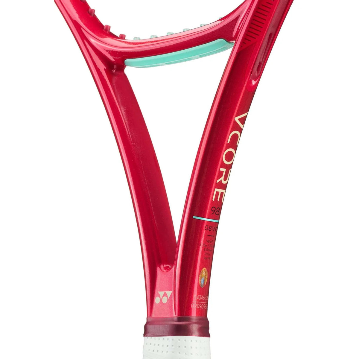 Red tennis racket with 'Vcore' branding on a white background