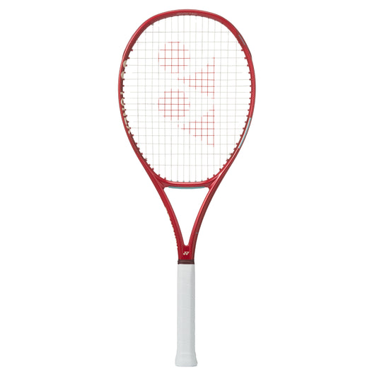 Yonex red tennis racket with white strings on a white background