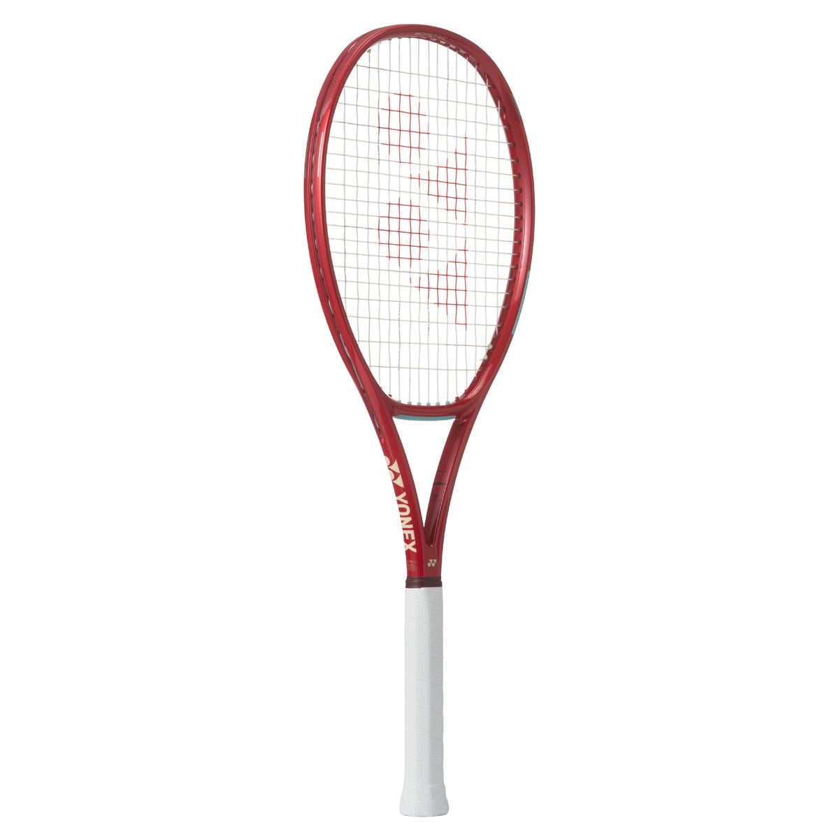 Yonex red tennis racket with white strings on a white background