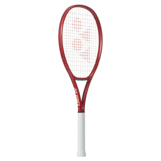 Yonex red tennis racket with white strings on a white background
