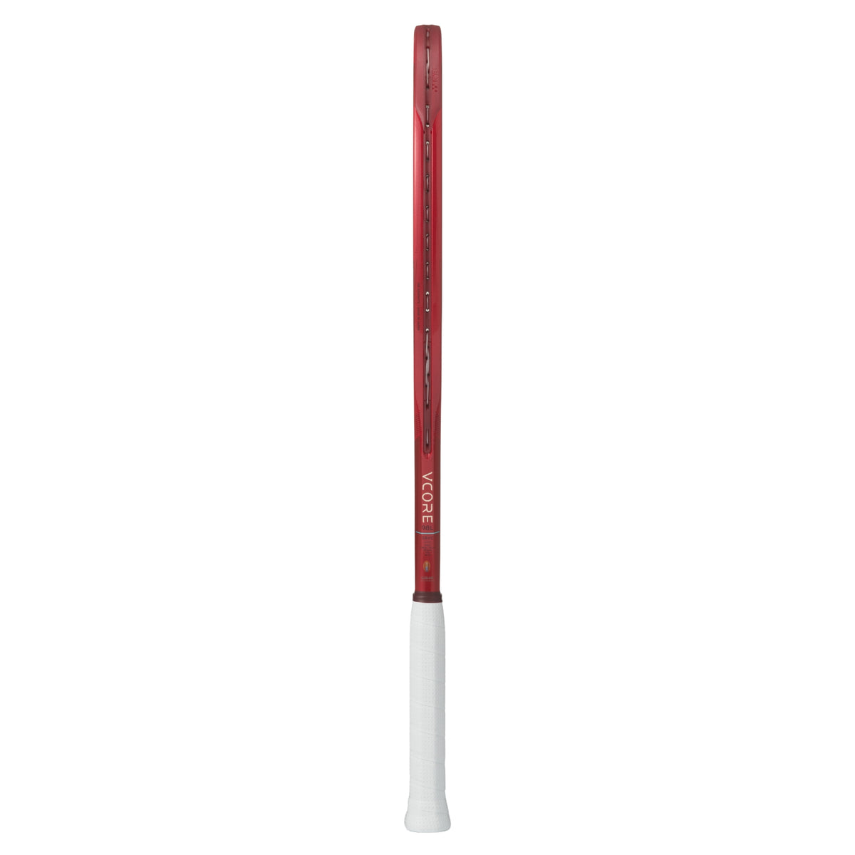 Yonex red tennis racket with white strings on a white background